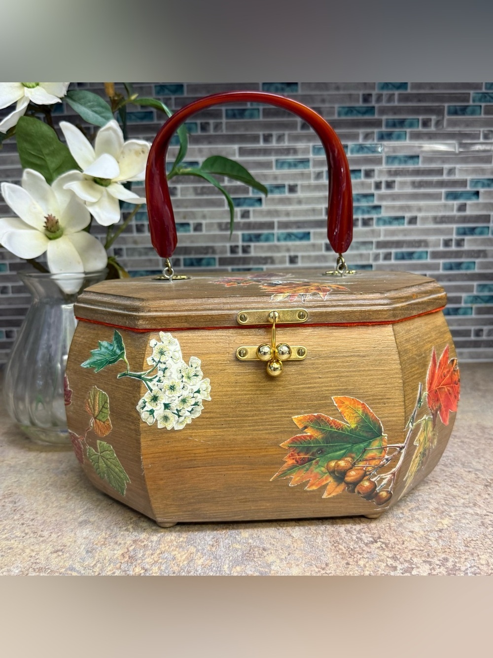 Vtg 1960s Wood Purse With floral and leaf decoupage - Picture 1 of 6